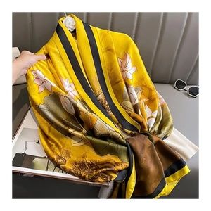 Women's Lotus Flower Satin Silk Scarf Shawl Floral Yellow Green Spring Summer